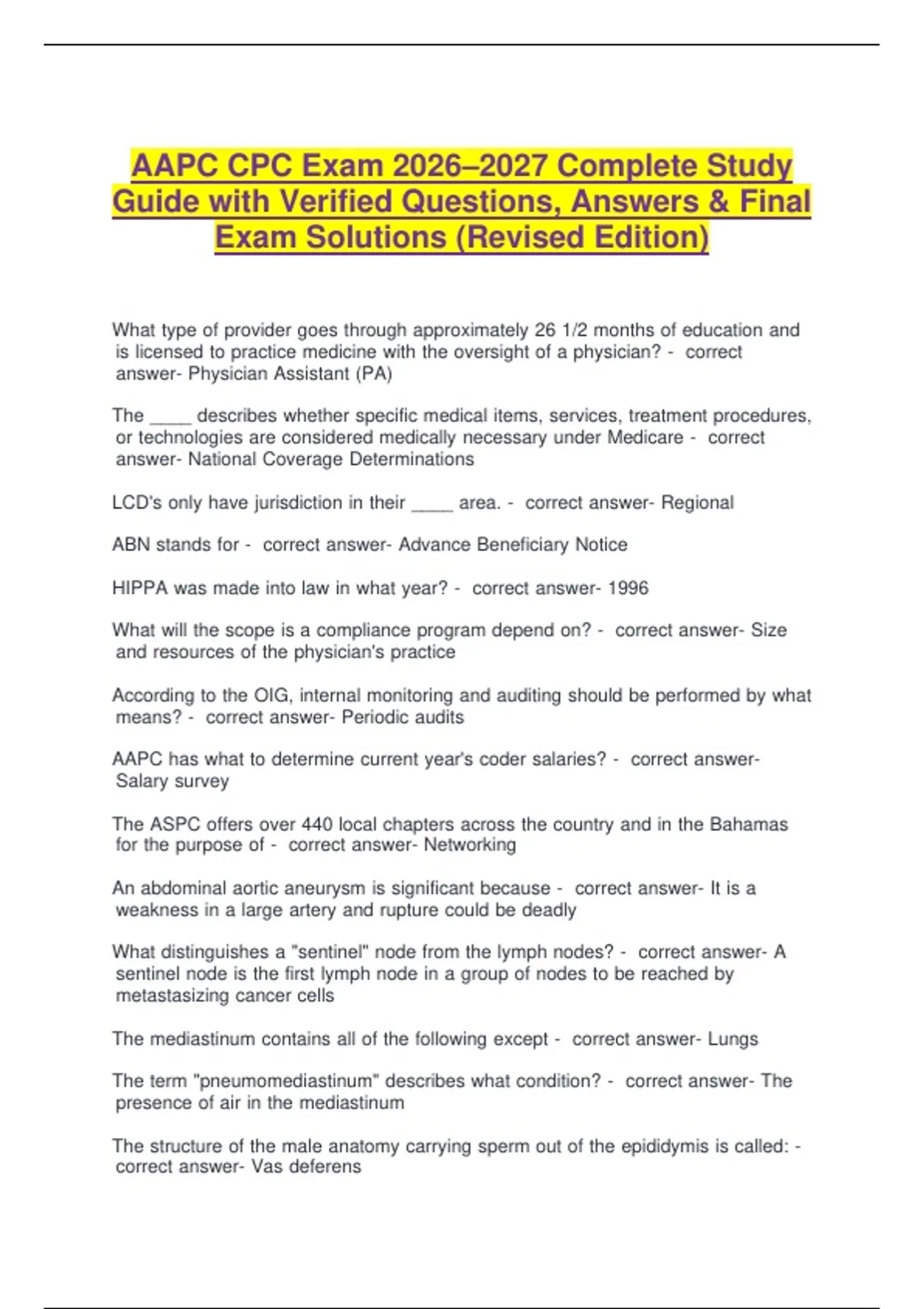 AAPC CPC Exam 2026–2027 Complete Study Guide with Verified Questions ...