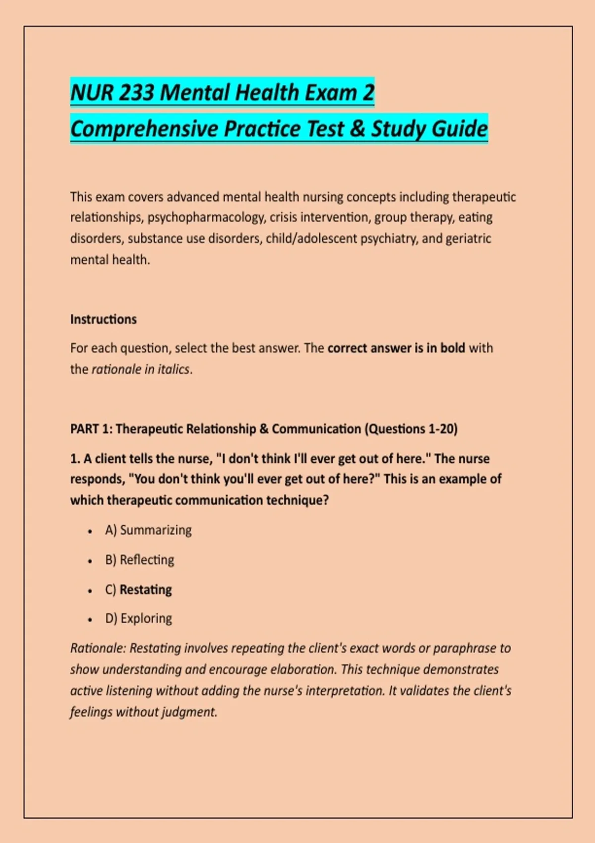 NUR 233 Mental Health Exam 2 Comprehensive Practice Test & Study Guide ...