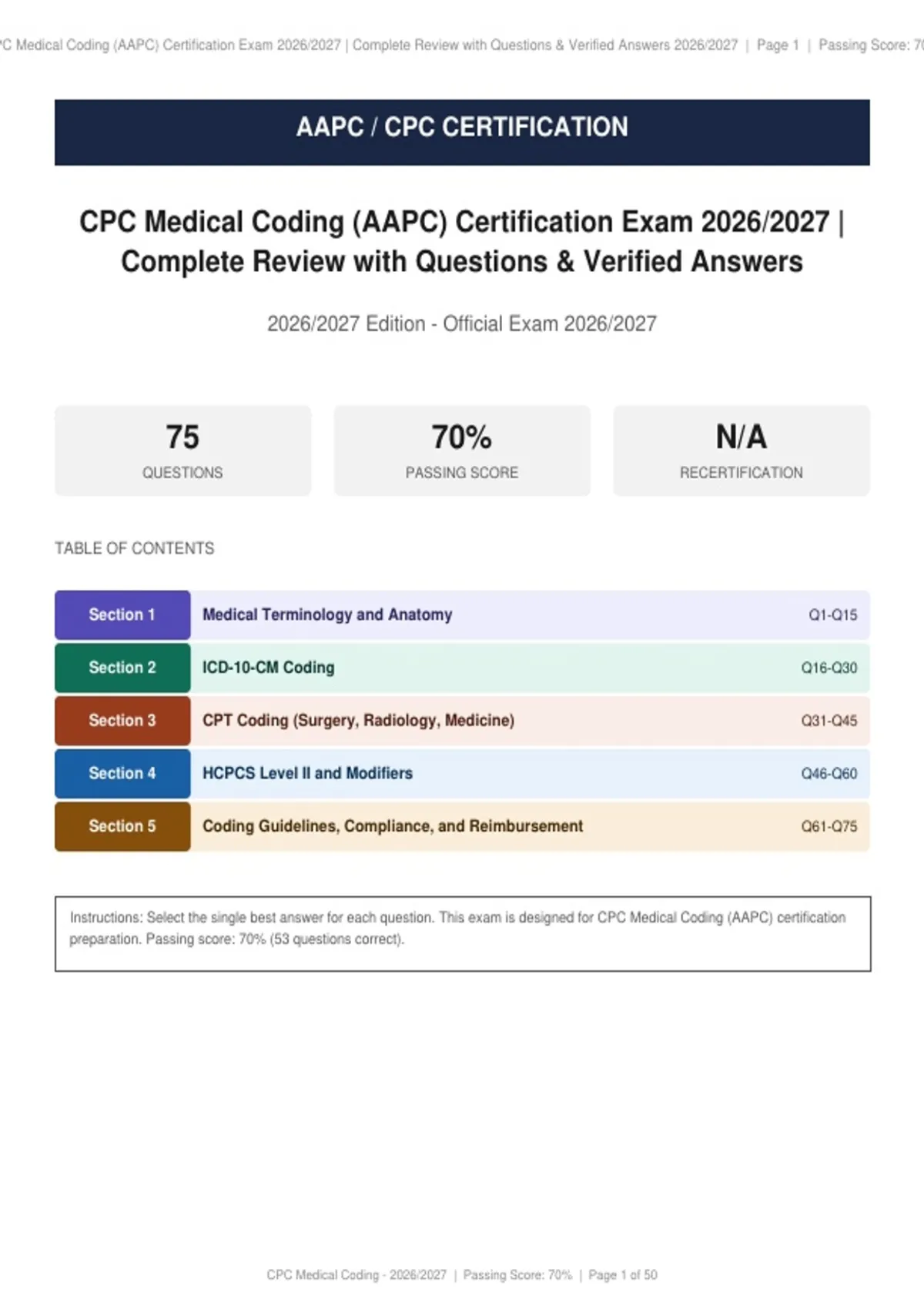 CPC Medical Coding AAPC Certification Exam Actual Exam 2026/2027 ...