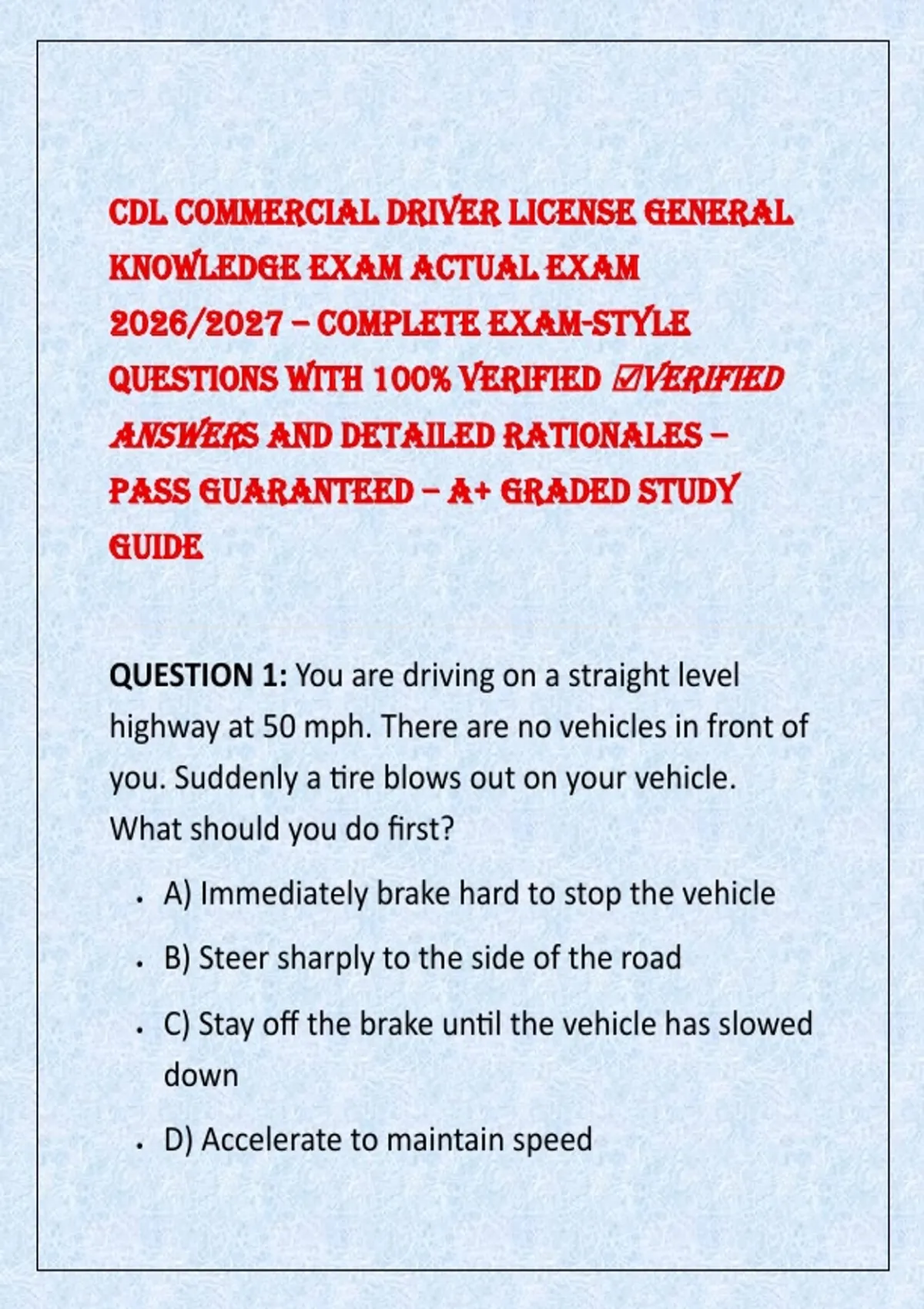 CDL CommerCiaL Driver LiCense GeneraL KnowLeDGe exam aCtuaL exam 2026/ ...