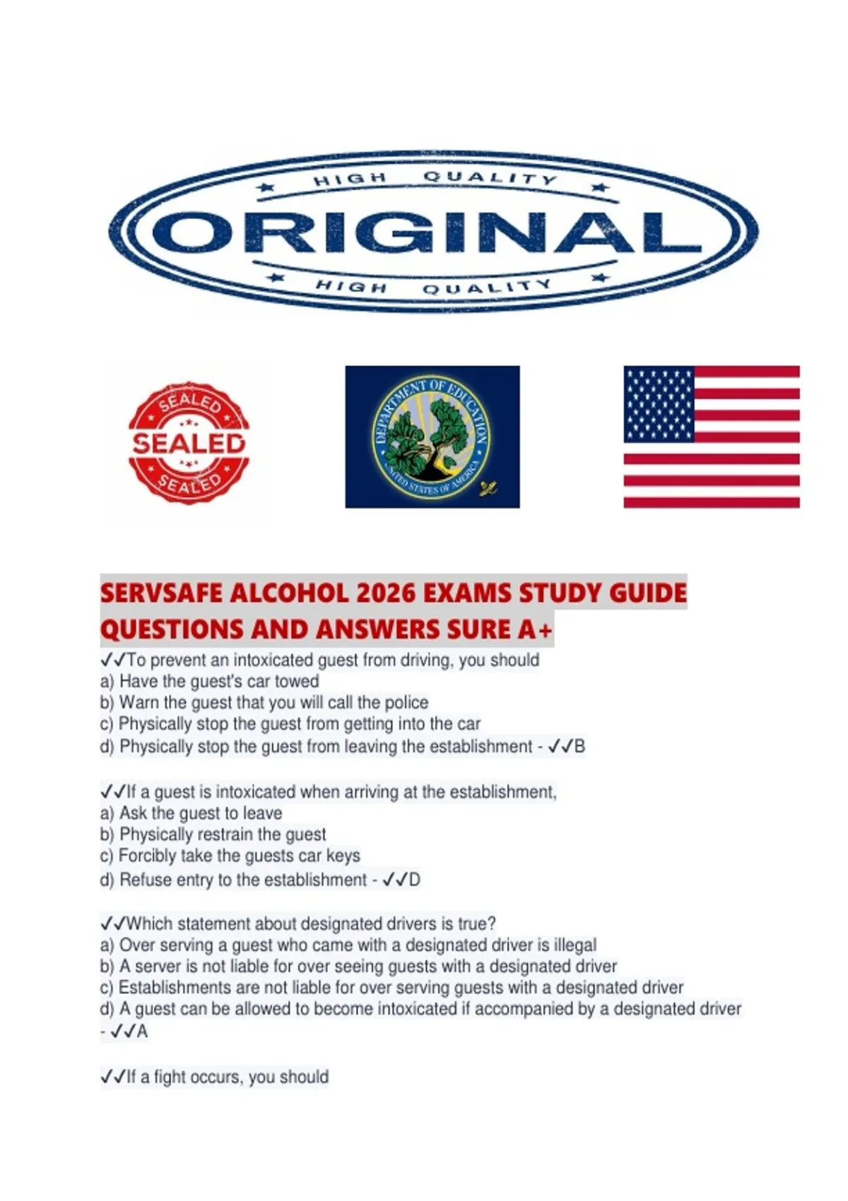SERVSAFE ALCOHOL 2026 EXAMS STUDY GUIDE QUESTIONS AND ANSWERS SURE - Servsafe alcohol - Stuvia US