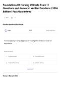 Foundations Of Nursing Ultimate Exam 1 &vert;&NewLine;Questions and Answers &vert; Verified Solutions &vert; 2026&NewLine;Edition &vert; Pass Guaranteed