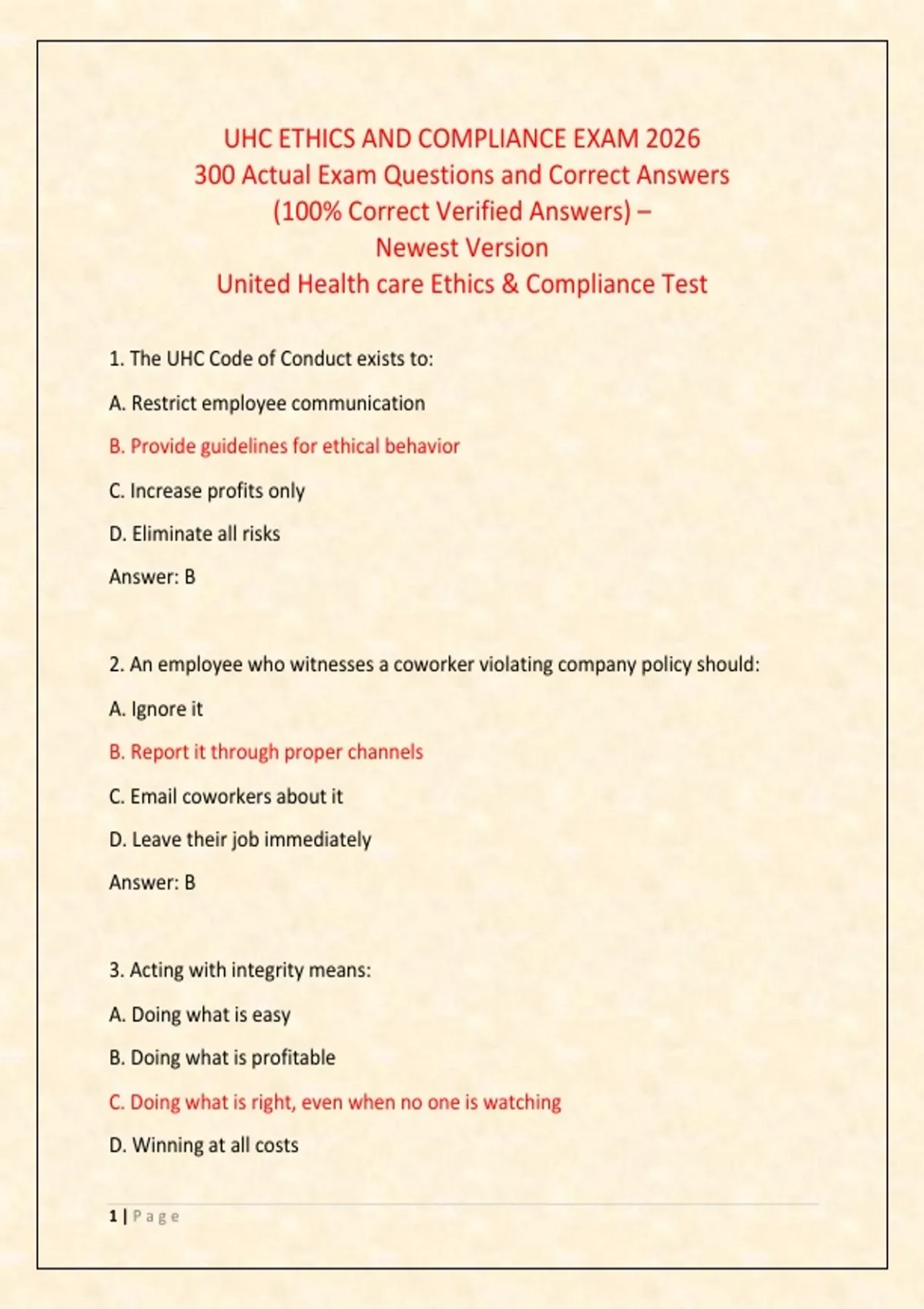 UHC ETHICS AND COMPLIANCE EXAM 2026 300 Actual Exam Questions and ...