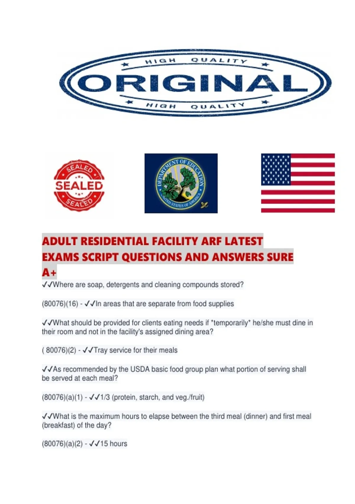 ADULT RESIDENTIAL FACILITY ARF LATEST EXAMS SCRIPT QUESTIONS AND ...