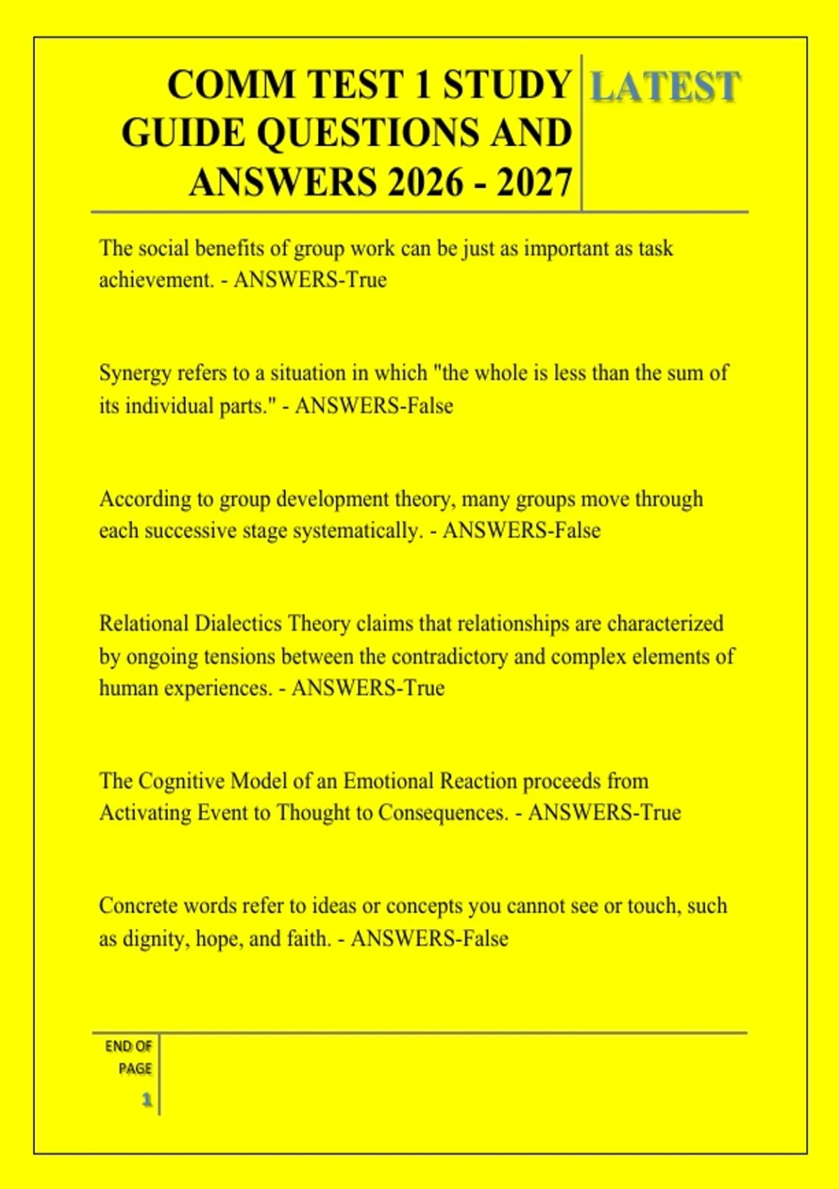 COMM TEST 1 STUDY GUIDE QUESTIONS AND ANSWERS - COMM - Stuvia US