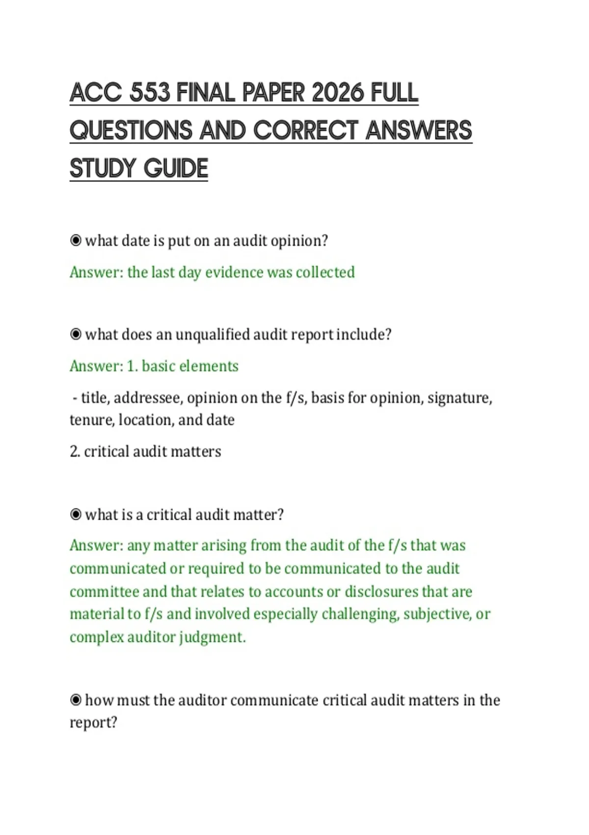 ACC 553 FINAL PAPER 2026 FULL QUESTIONS AND CORRECT ANSWERS STUDY GUIDE ...