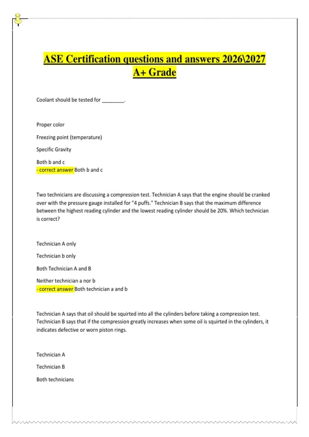 ASE Certification – Comprehensive Practice Questions & Answers (2026/ ...