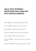 AQA A LEVEL BUSINESS &ndash; &NewLine;DEFINITIONS FINAL EXAM 2026 &NewLine;WITH VERIFIED ANSWERS