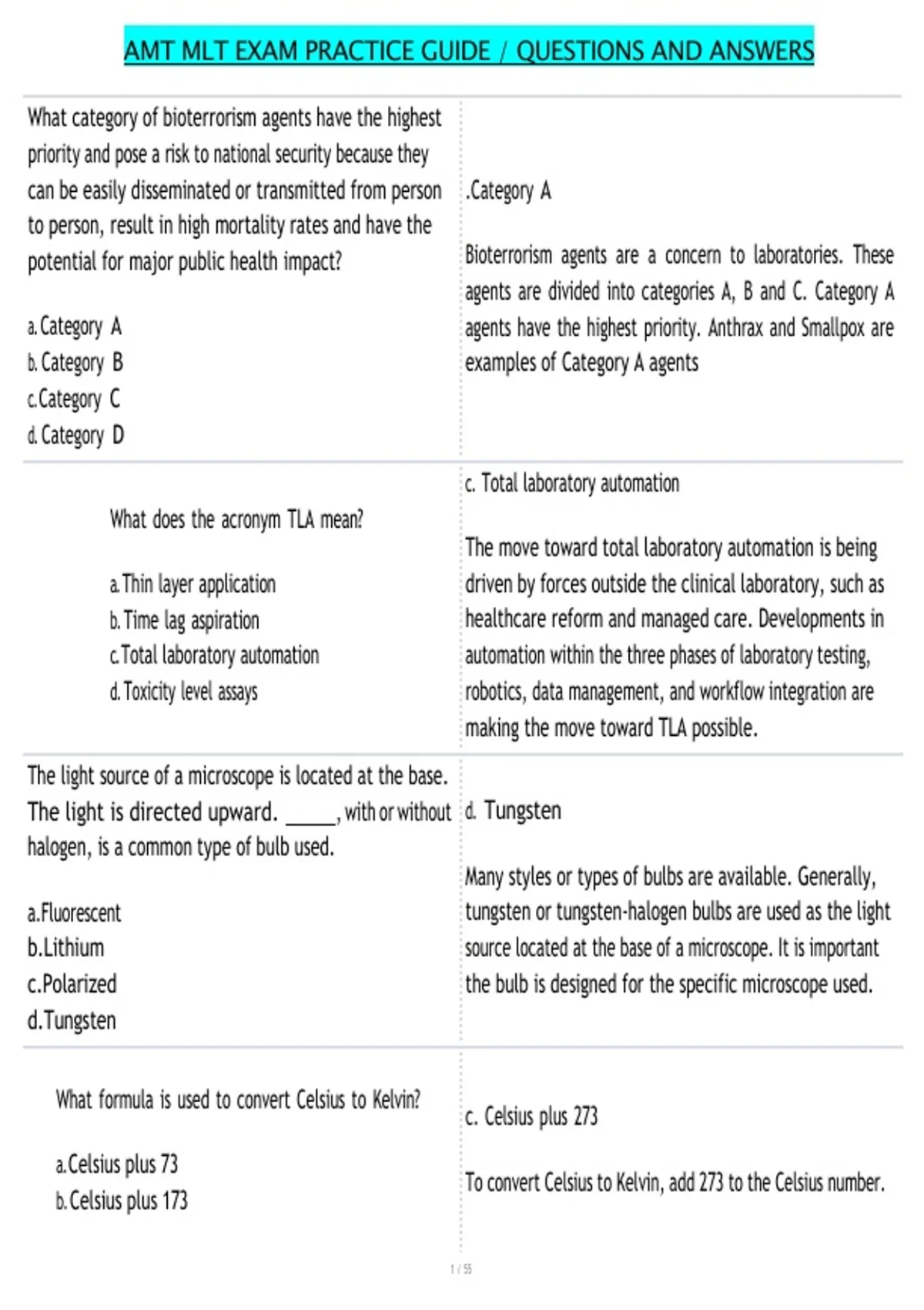 AMT MLT EXAM PRACTICE GUIDE - QUESTIONS AND ANSWERS - AMT MLT - Stuvia US