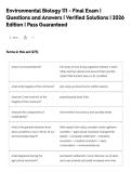 Environmental Biology 111 - Final Exam &vert;&NewLine;Questions and Answers &vert; Verified Solutions &vert; 2026&NewLine;Edition &vert; Pass Guaranteed