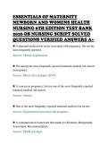 ESSENTIALS OF MATERNITY&NewLine;NEWBORN AND WOMENS HEALTH&NewLine;NURSING 6TH EDITION TEST BANK&NewLine;2026 OB NURSING SCRIPT SOLVED&NewLine;QUESTIONS VERIFIED ANSWERS A&plus;