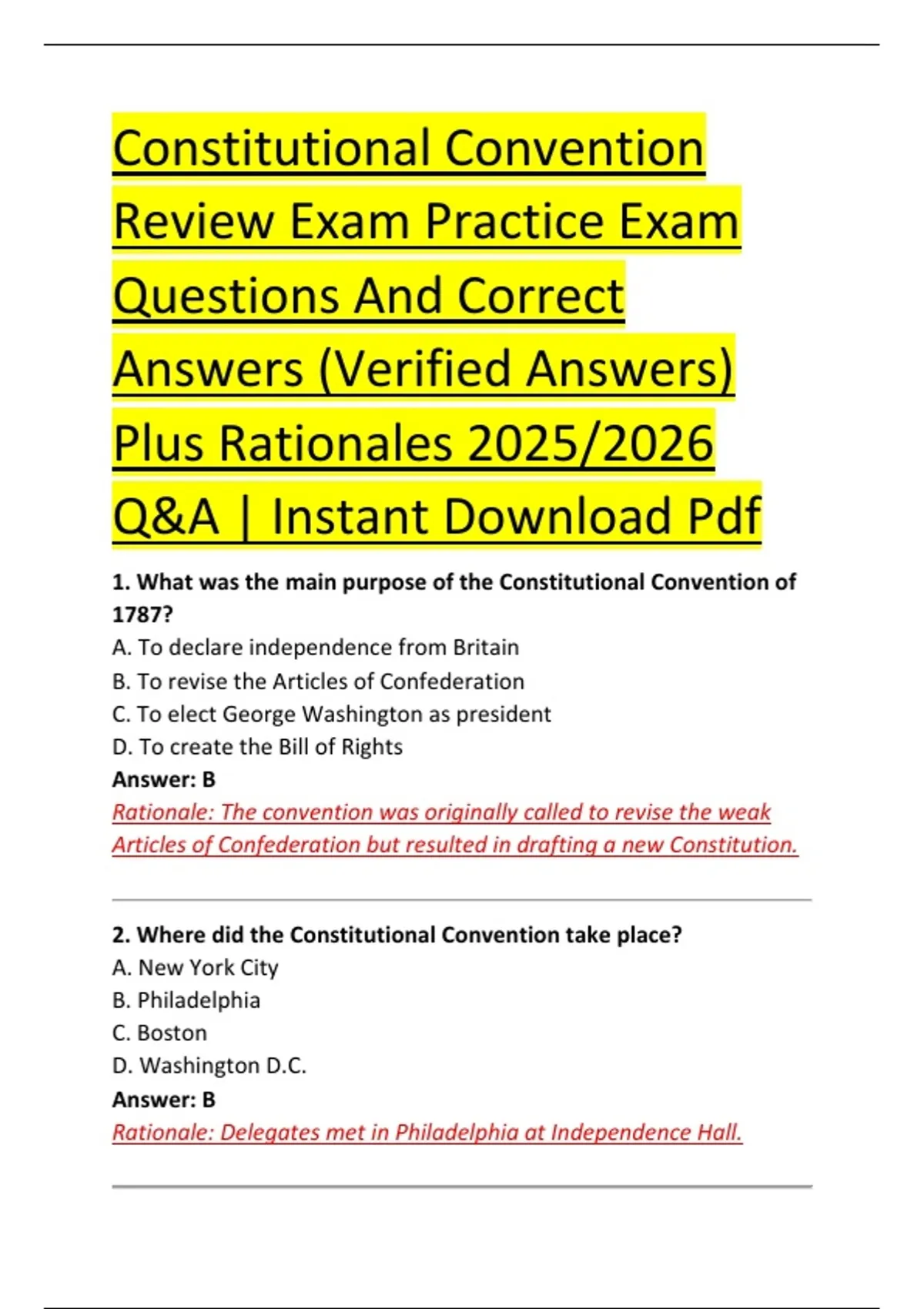Constitutional Convention Review Exam Practice Exam Questions And ...