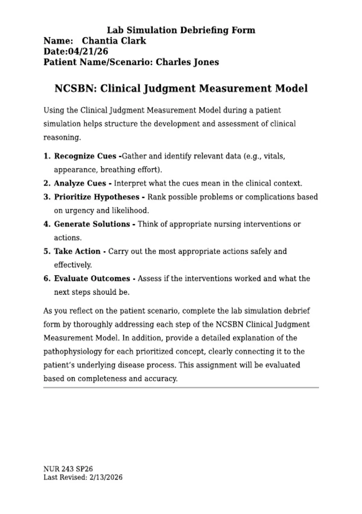 Hondros College NCSBN NUR Exam 1 Lab Simulation Debriefing Form (2026 ...