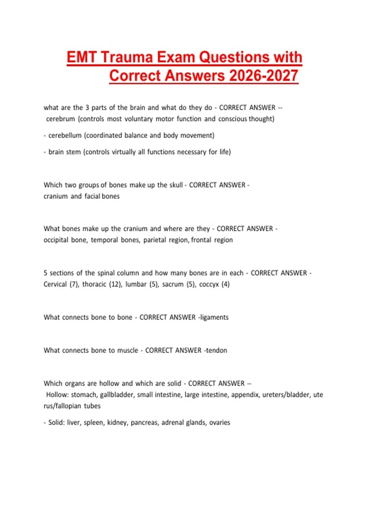 EMT Trauma Exam Questions with Correct Answers - EMT - Stuvia US