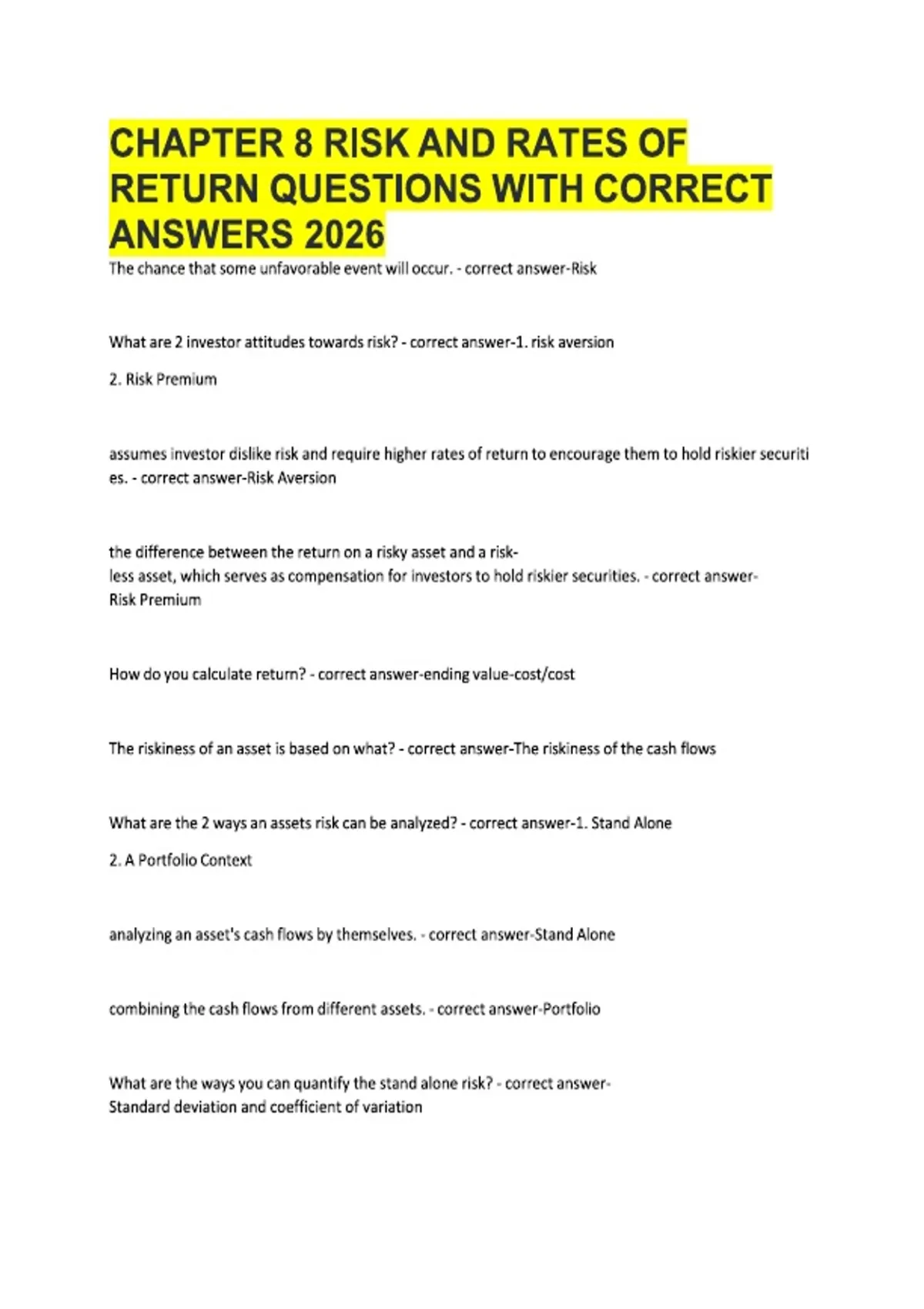 Return Question CHAPTER 8 RISK AND RATES OF RETURN QUESTIONS WITH CORRECT ANSWERS 2026 ...
