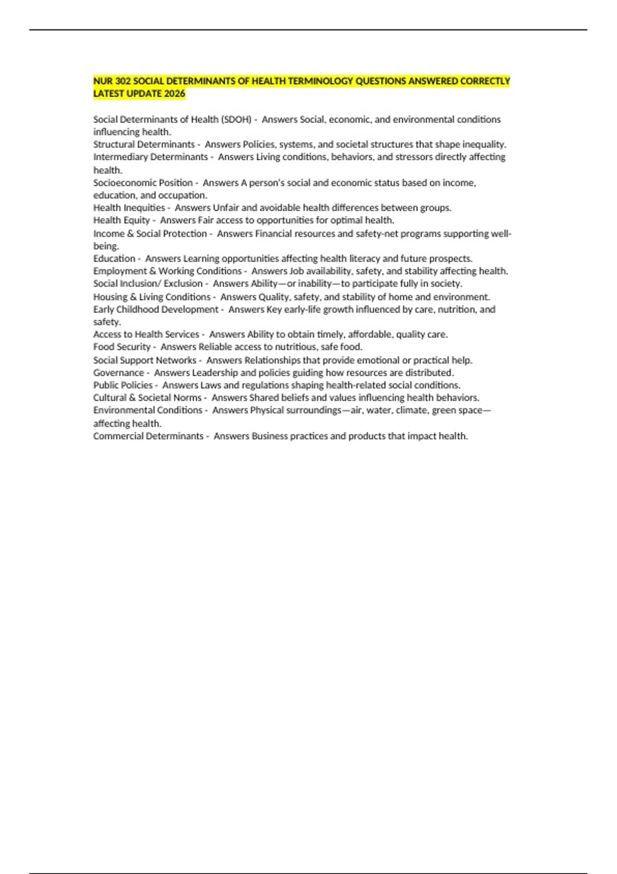 NUR 302 SOCIAL DETERMINANTS OF HEALTH TERMINOLOGY QUESTIONS ANSWERED ...