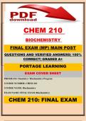 CHEM 210&NewLine;BIOCHEMISTRY&NewLine;FINAL EXAM &lpar;MP&rpar; MAIN POST LATEST UPDATE &lpar;2026&sol;2027&rpar; QUESTIONS AND VERIFIED ANSWERS &vert; 100&percnt; CORRECT &vert; GRADED A&plus;