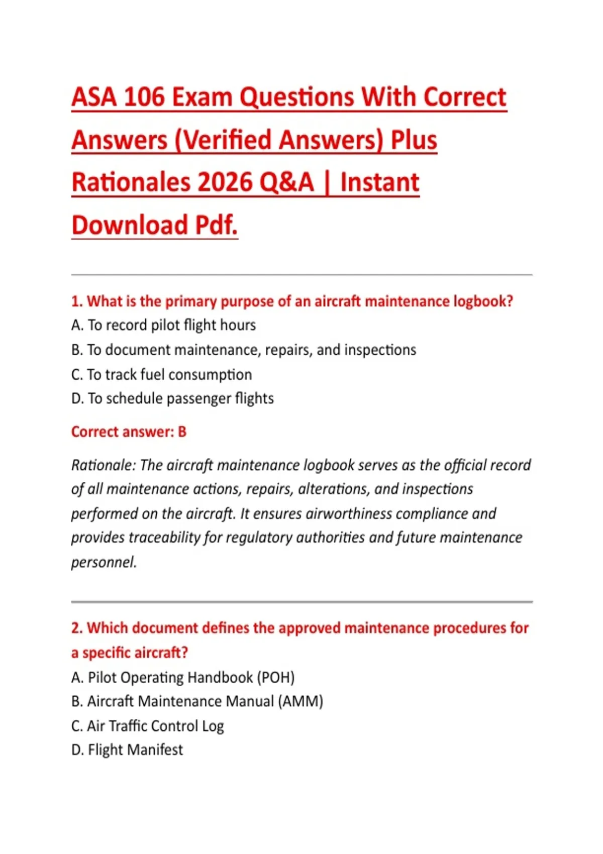 ASA 106 Exam Questions With Correct Answers (Verified Answers) Plus ...