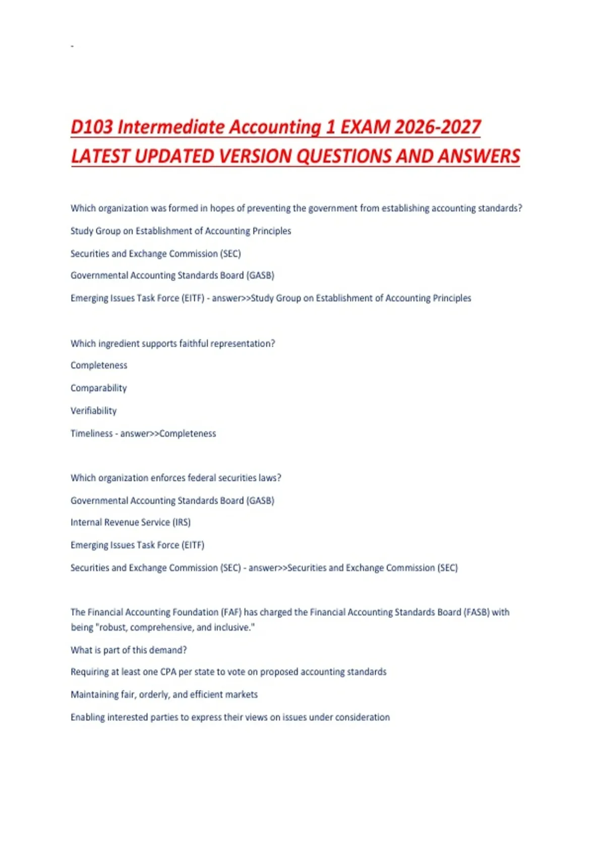 D103 Intermediate Accounting 1 EXAM LATEST UPDATED VERSION QUESTIONS ...
