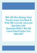 BIO 420 Microbiology Final Practice Exam Test Banks A & B With 450 Correctly Answered Questions with Rationales&sol;BMCC Bio 420 Latest Final Practice Test 2026-2027 Test Bank