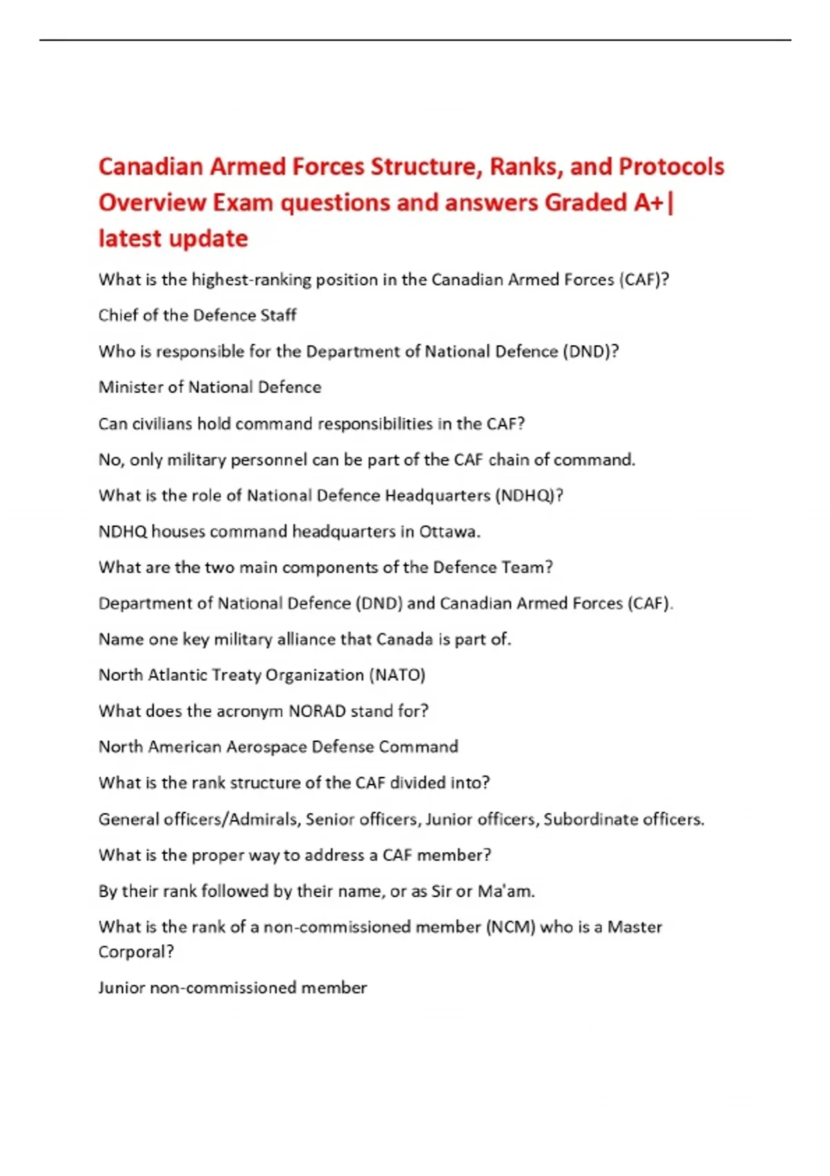 Canadian Armed Forces Structure, Ranks, and Protocols Overview Exam ...