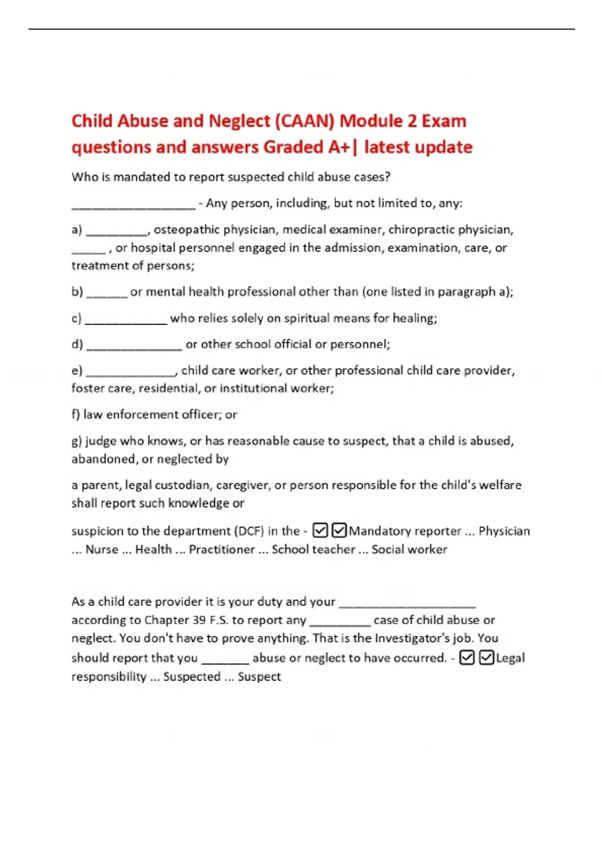 Child Abuse and Neglect (CAAN) Module 2 Exam questions and answers ...