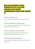 REAL ESTATE PRINCIPLES FINAL&NewLine;EXAMINATION TEST 100 SOLVED&NewLine;QUESTIONS AND ANSWERS&NewLine;COMPREHENSIVE REVIEW SHEET GRADED&NewLine;A&plus;