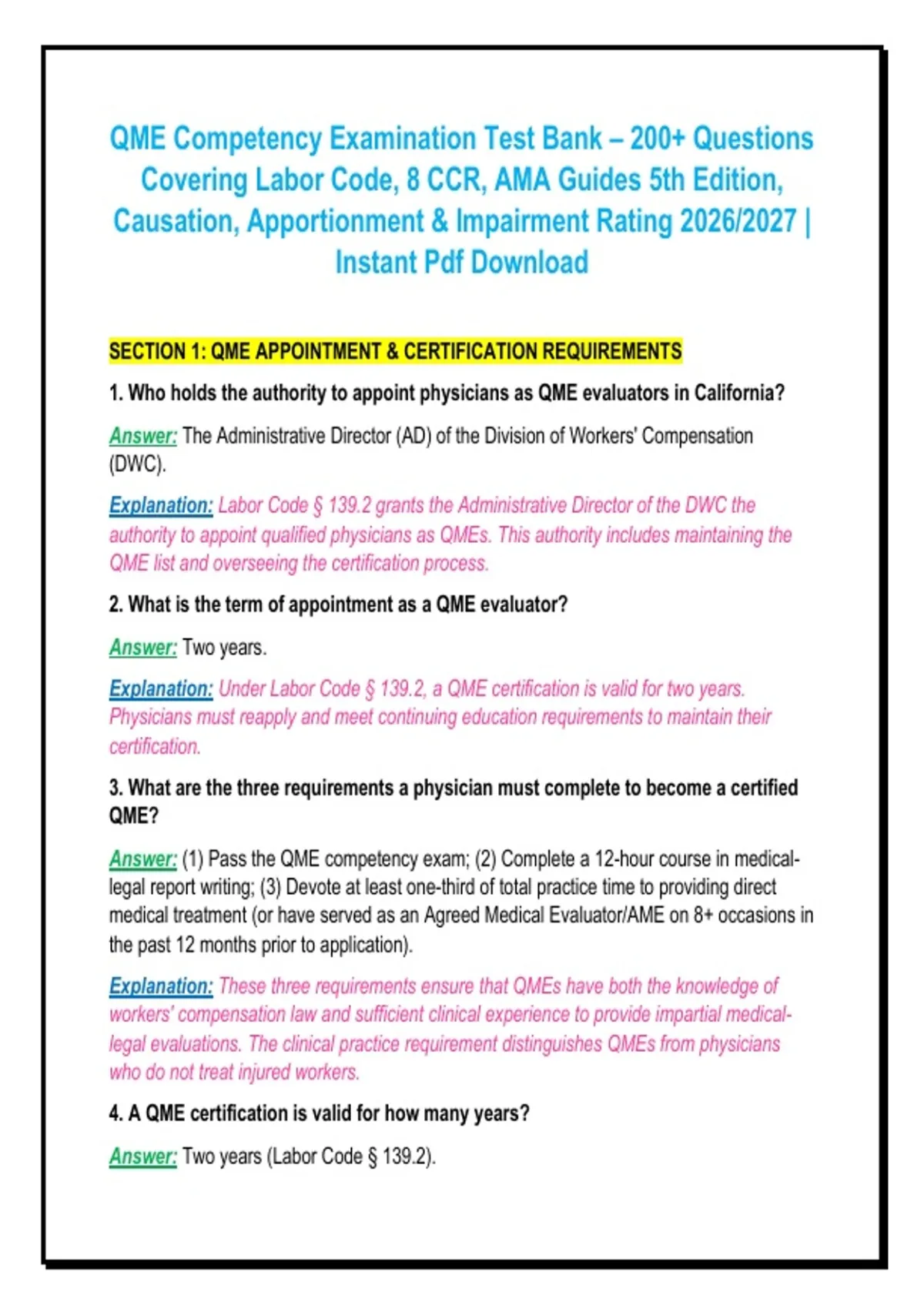 Sample Qme Report.pdf QME Competency Examination Test Bank – 200+ Questions Covering Labor ...