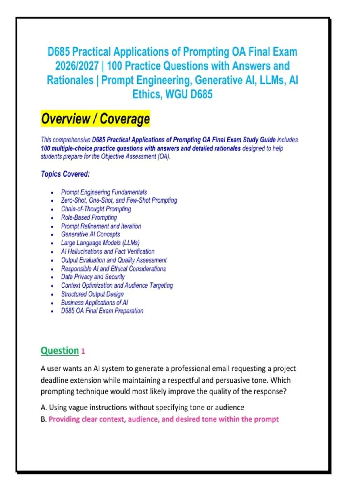 D685 Practical Applications of Prompting OA Final Exam 2026/2027 | 100 ...