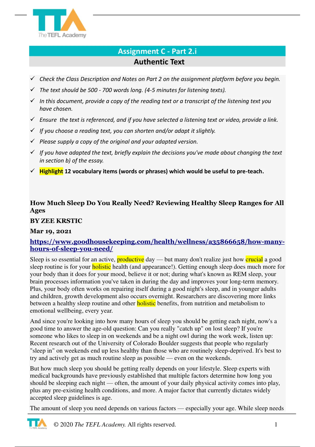 tefl academy assignment c authentic text