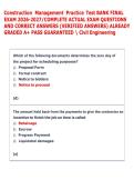 Construction Management Practice Test BANK FINAL &NewLine;EXAM 2026-2027&sol;COMPLETE ACTUAL EXAM QUESTIONS &NewLine;AND CORRECT ANSWERS &lpar;VERIFIED ANSWERS&rpar; ALREADY &NewLine;GRADED A&plus; PASS GUARANTEED  Civil Engineering  