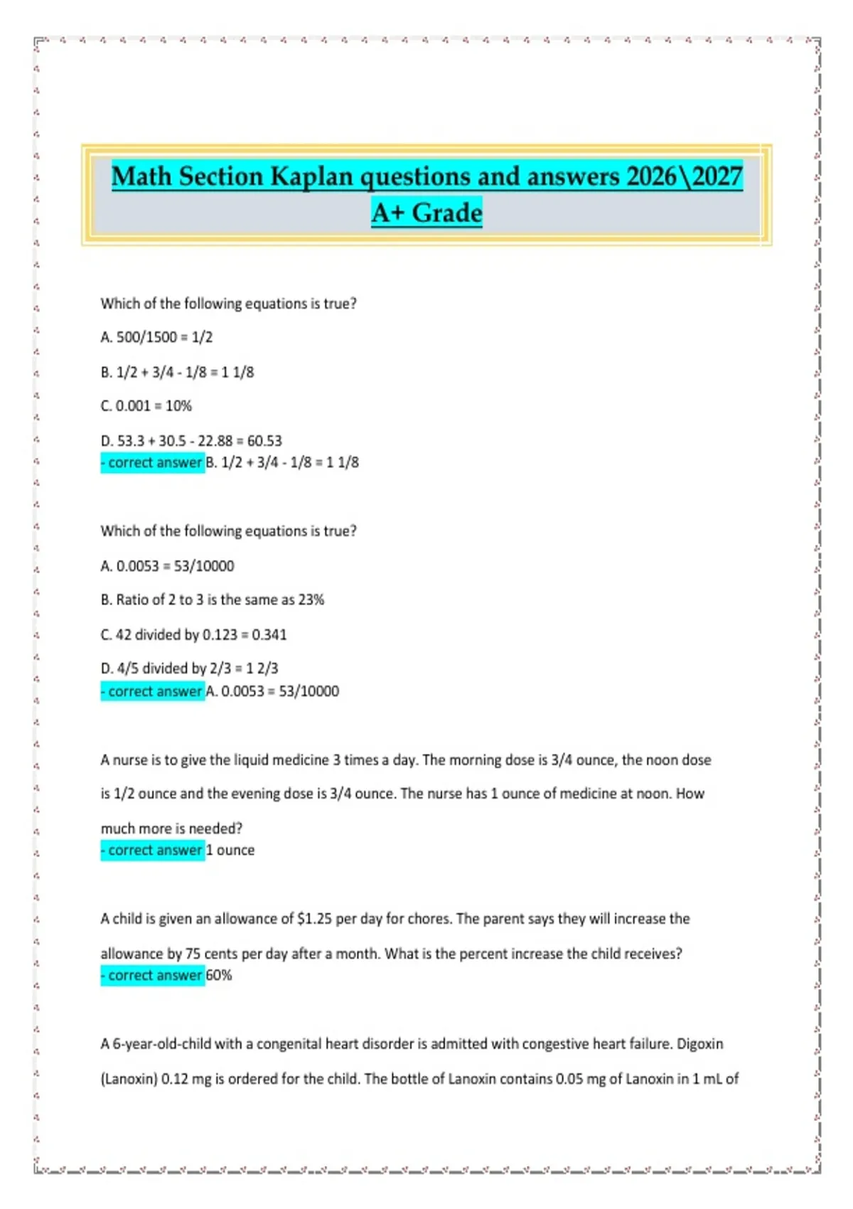 Kaplan Math Section Questions and Answers 2026–2027 | Nursing Entrance ...
