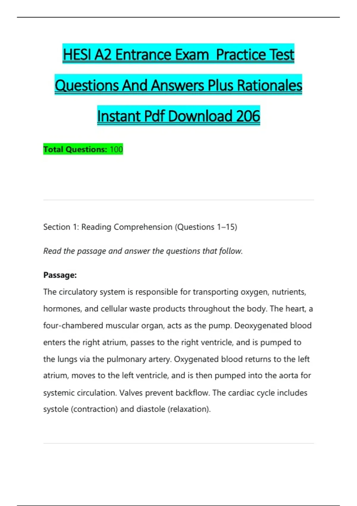 HESI A2 Entrance Exam Practice Test Questions And Answers Plus ...