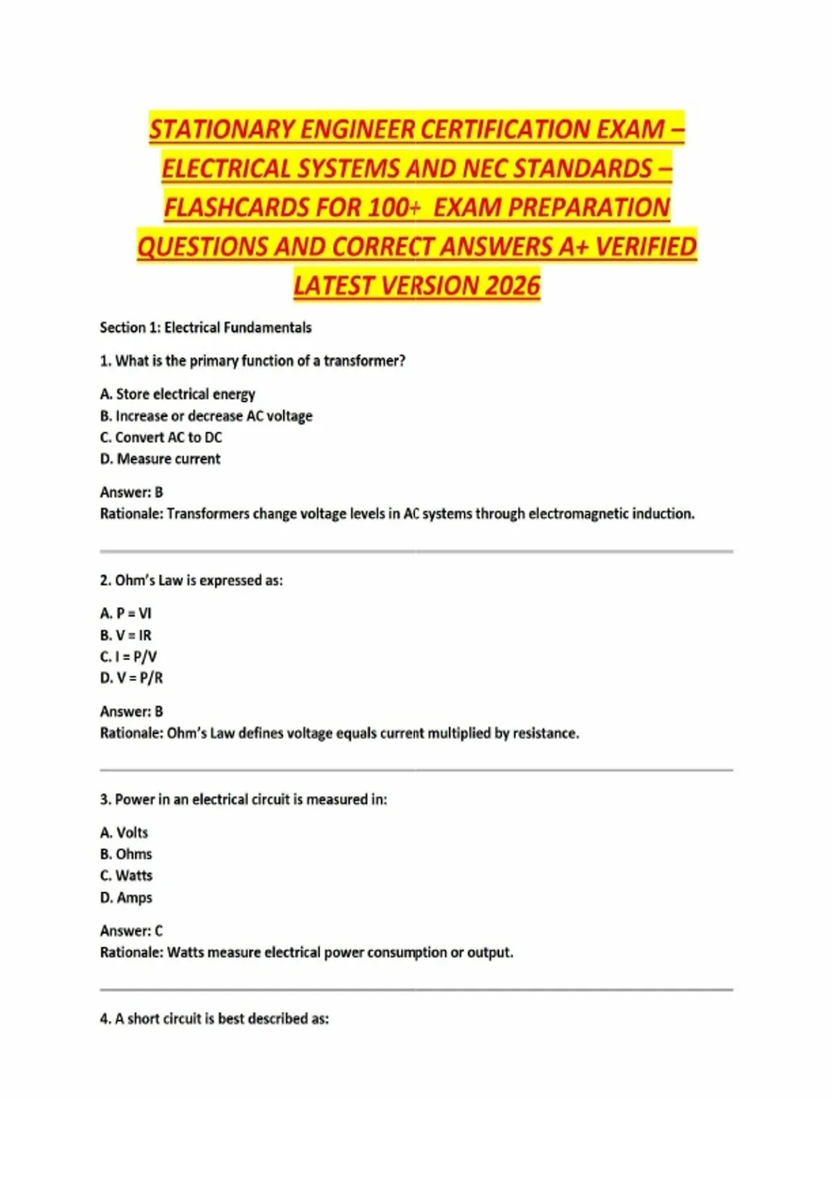 Engineer Certification Test STATIONARY ENGINEER CERTIFICATION EXAM – ELECTRICAL SYSTEMS AND NEC ...