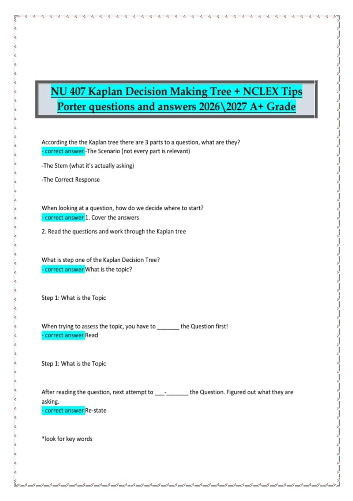 NU 407 Kaplan Decision Making Tree + NCLEX Tips (Porter) Questions and ...