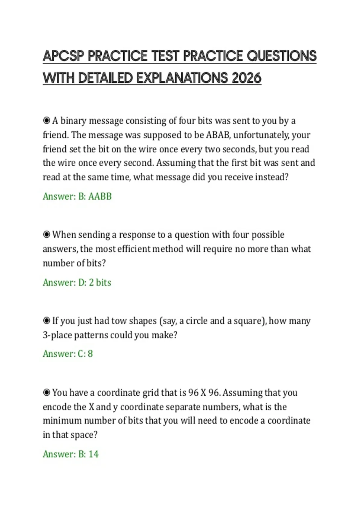 APCSP PRACTICE TEST PRACTICE QUESTIONS WITH DETAILED EXPLANATIONS 2026 ...