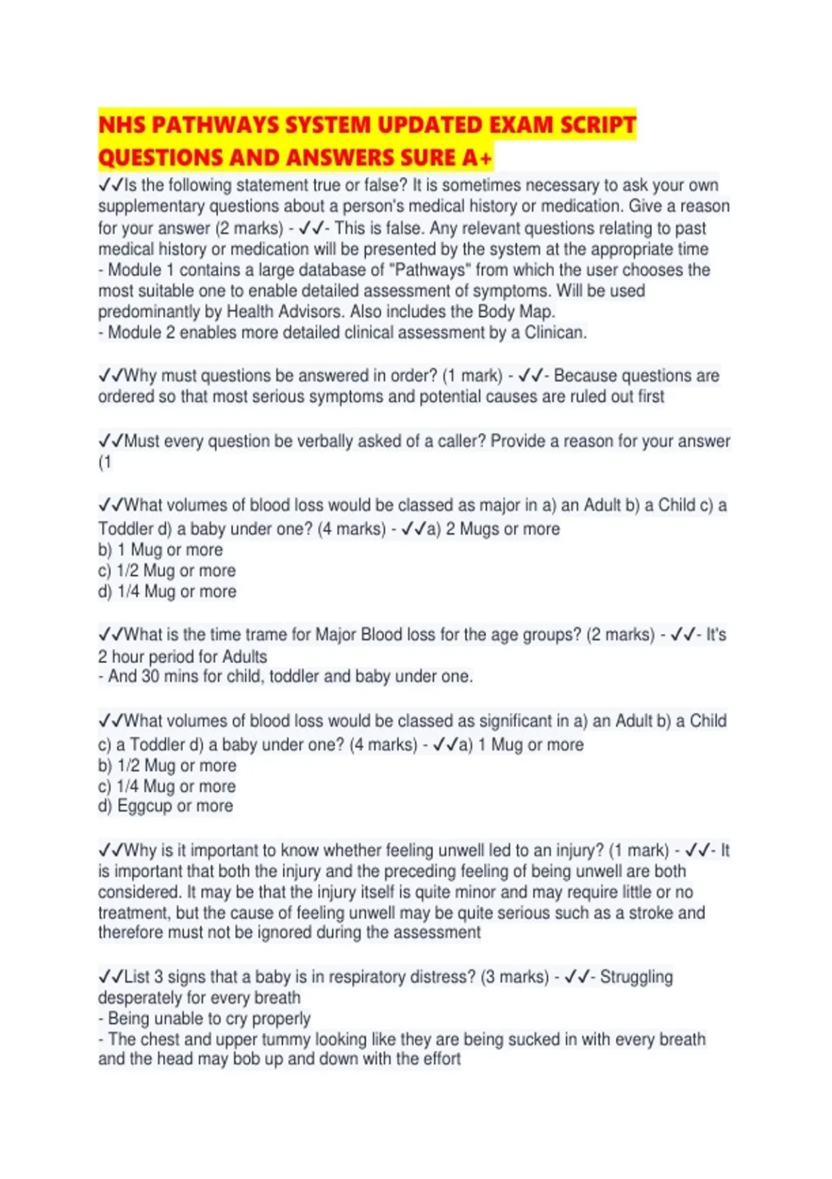 Pathways 2 Answers.pdf NHS PATHWAYS SYSTEM UPDATED EXAM SCRIPT QUESTIONS AND ANSWERS SURE A ...