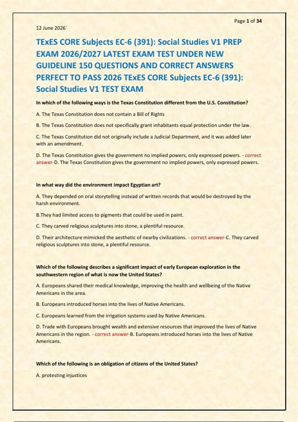 TExES CORE Subjects EC-6 (391): Social Studies V1 PREP EXAM 2026/2027 ...