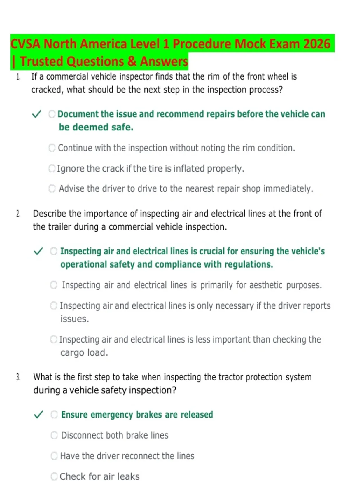 CVSA North America Level 1 Inspection Procedure Mock Exam 2026 ...