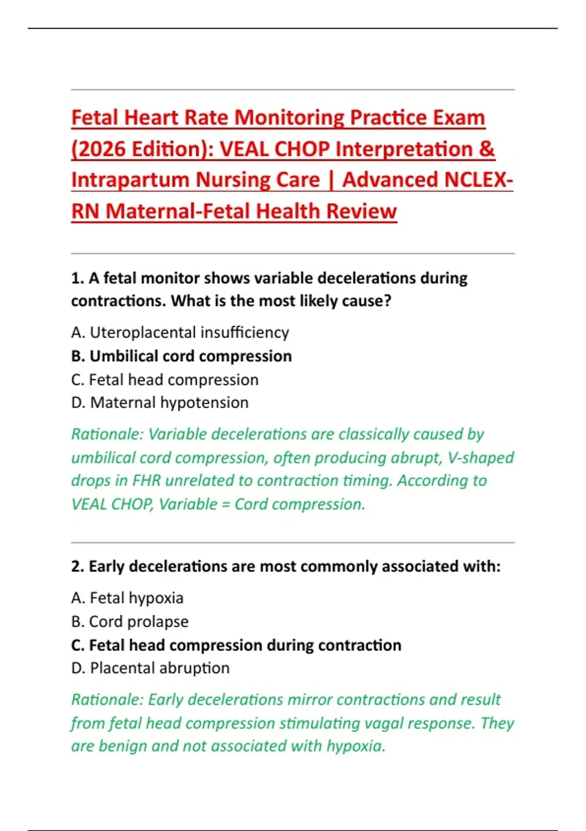 Fetal Heart Rate Monitoring Practice Exam (2026 Edition): VEAL CHOP ...
