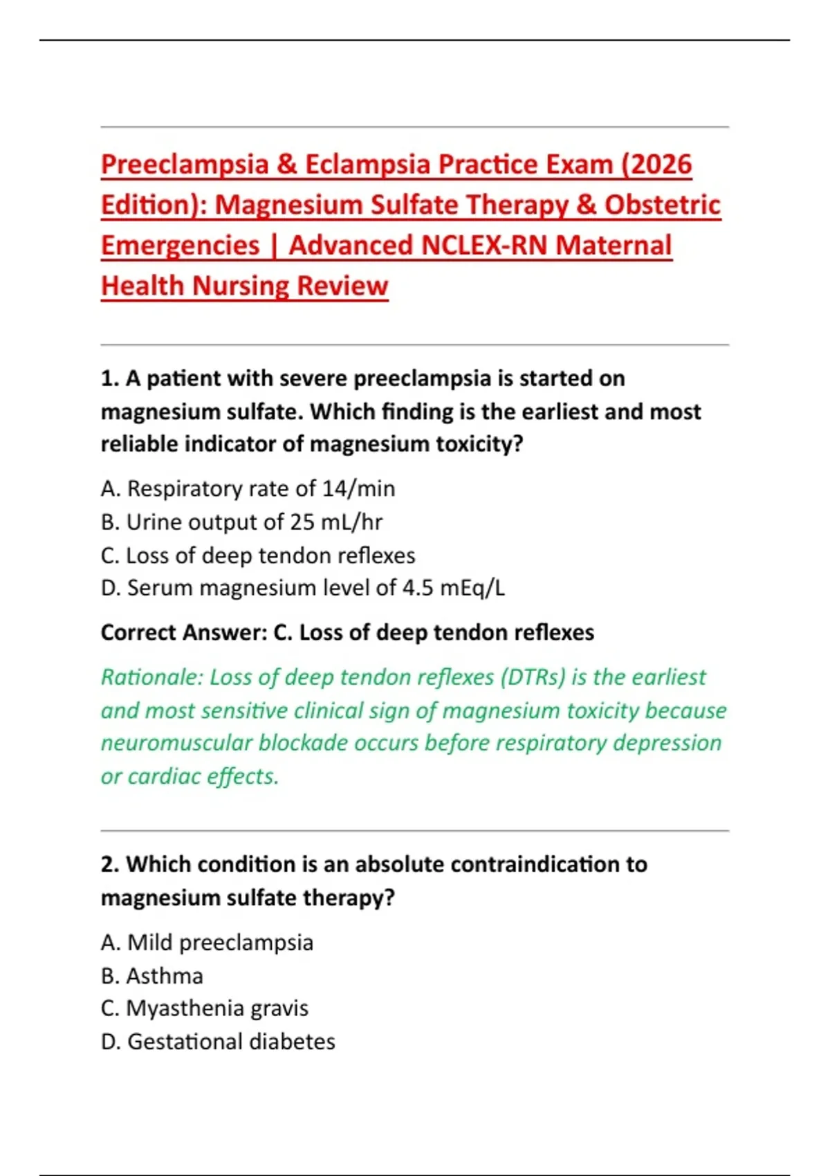 Preeclampsia & Eclampsia Practice Exam (2026 Edition): Magnesium ...