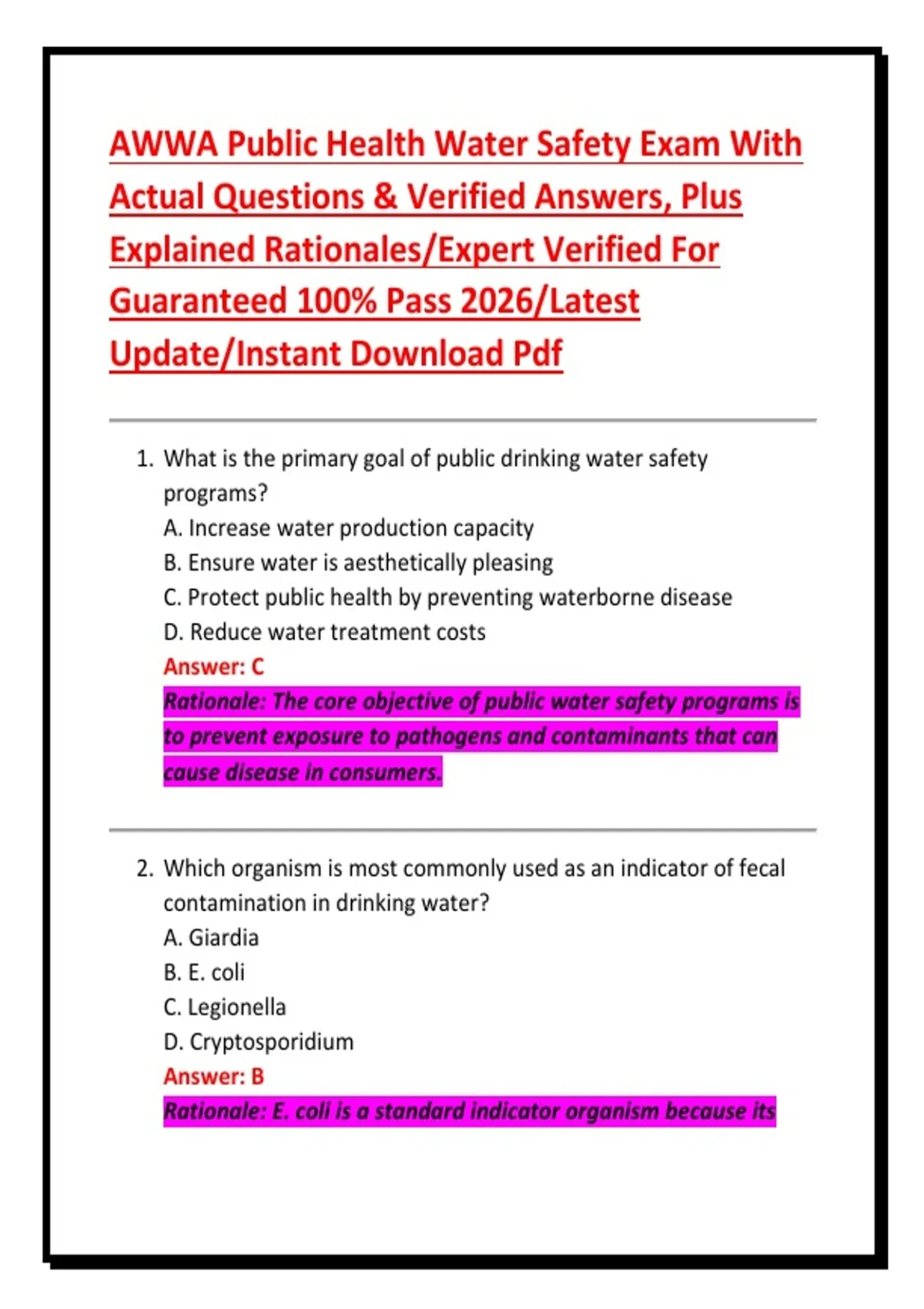 AWWA Public Health Water Safety Exam With Actual Questions & Verified ...