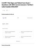 CAMRT&colon; Vital Signs and Patient Care Exam &vert;&NewLine;Questions with 100&percnt; Correct Answers &vert; Verified &vert;&NewLine;Latest Update 2026&sol;2027