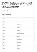 CNUR 103 - Healthcare Abbreviations Exam &vert;&NewLine;Questions with 100&percnt; Correct Answers &vert; Verified &vert;&NewLine;Latest Update 2026&sol;2027&NewLine;