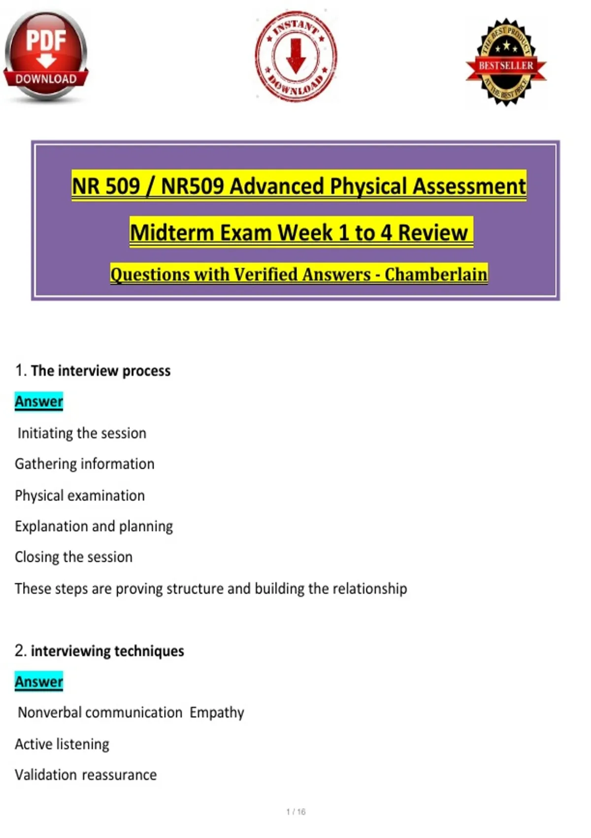 NR 509 / NR509 Advanced Physical Assessment Midterm Exam Week 1 to 4 ...