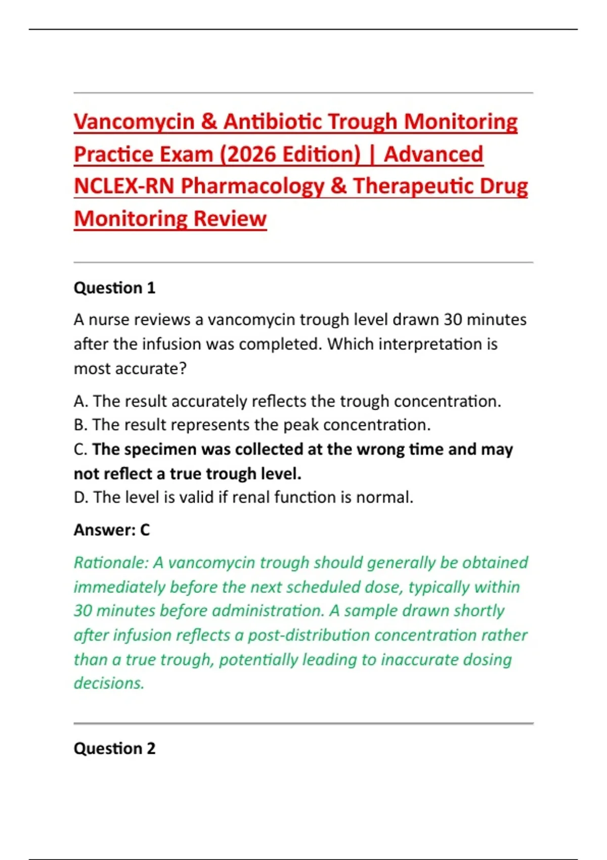 Vancomycin & Antibiotic Trough Monitoring Practice Exam (2026 Edition ...