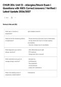 CNUR 204&colon; Unit 12 - Allergies&sol;Shock Exam &vert;&NewLine;Questions with 100&percnt; Correct Answers &vert; Verified &vert;&NewLine;Latest Update 2026&sol;2027