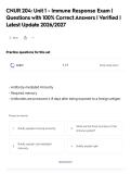 CNUR 204&colon; Unit 1 - Immune Response Exam &vert;&NewLine;Questions with 100&percnt; Correct Answers &vert; Verified &vert;&NewLine;Latest Update 2026&sol;2027