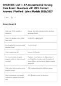 CNUR 303&colon; Unit 1 - AP Assessment & Nursing&NewLine;Care Exam &vert; Questions with 100&percnt; Correct&NewLine;Answers &vert; Verified &vert; Latest Update 2026&sol;2027