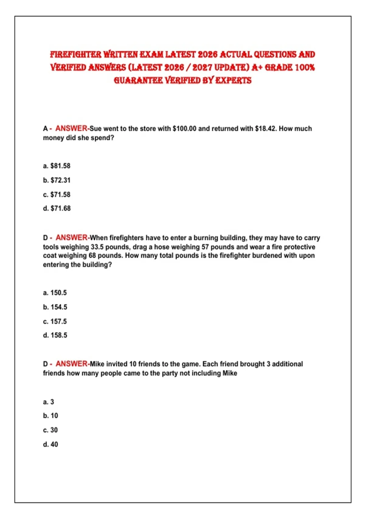 FireFighter Written exam latest 2026 actual Questions and VeriFied ...